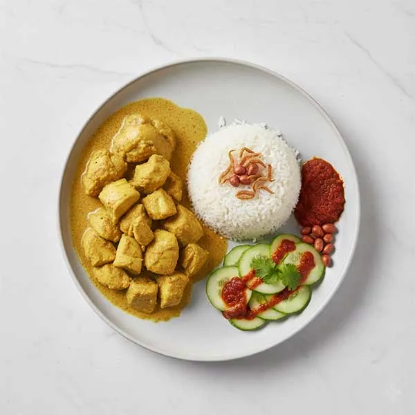 Indonesian Chicken Gyulai with sambal cucumber and nasi lemak